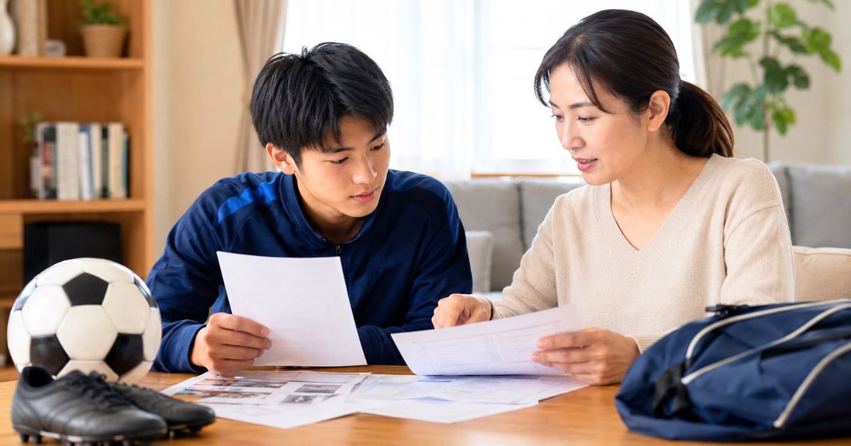 自宅のリビングで富士大学サッカー部の費用資料を見ながら、入部希望の高校生が母親と相談する様子