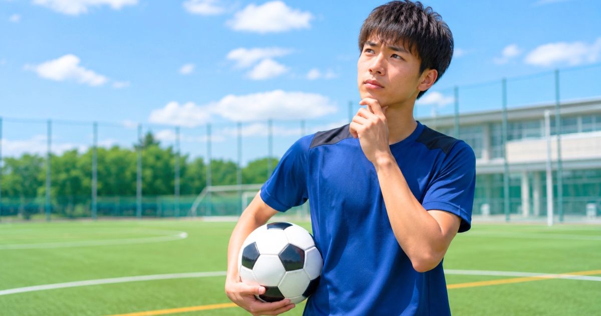 大学サッカー部のグラウンドで、サッカーボールを抱えながら入部条件について考える選手の様子