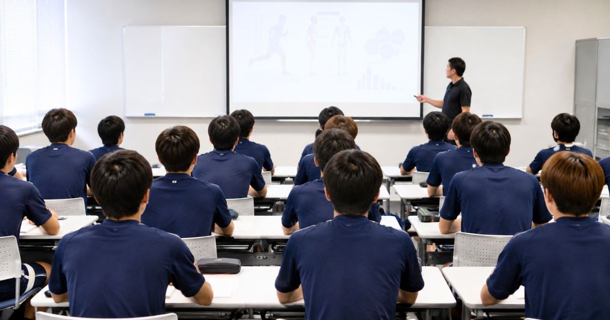 健康スポーツ分野の授業で講師とスクリーンを見ながら学ぶサッカー部員の大学生