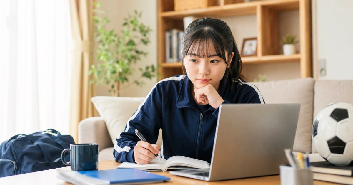 自宅のリビングでパソコンを見ながら女子サッカーが強い大学の進学情報を調べる高校生