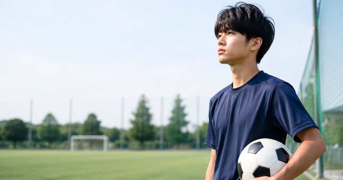 サッカーボールを持ちながら大学サッカー部への進路を考える高校生