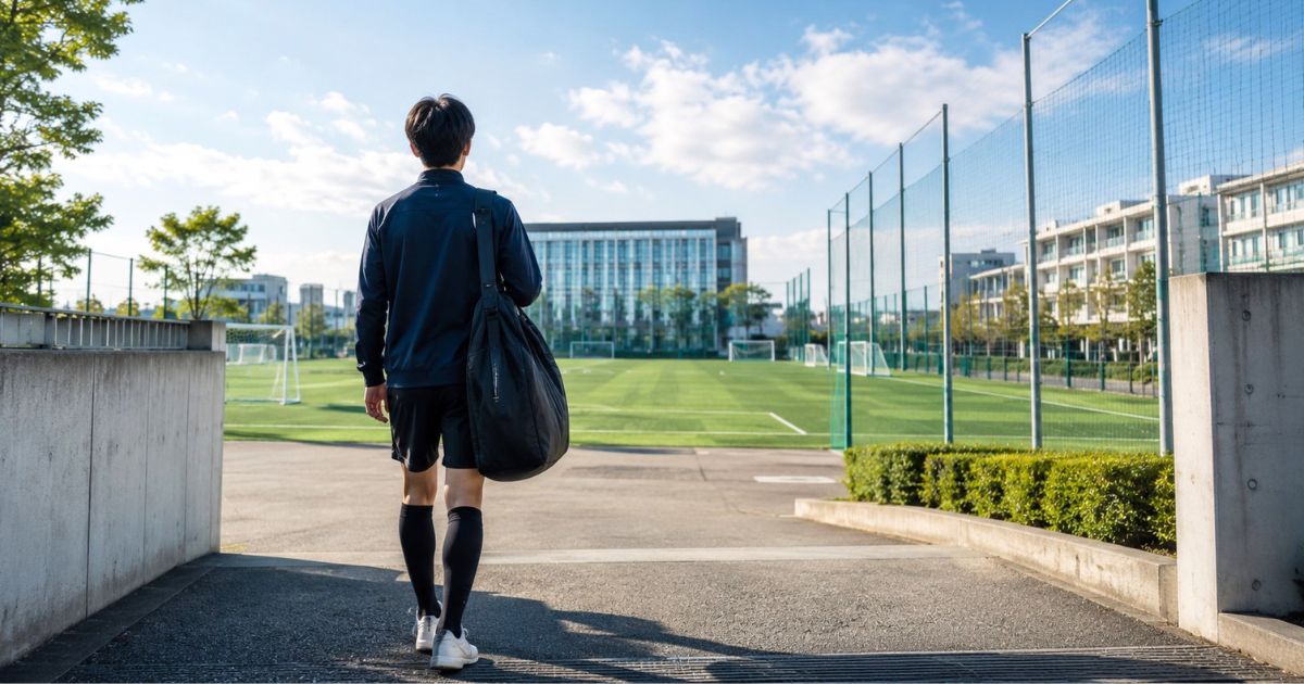 大学サッカー部を目指す高校生がキャンパス内のサッカーグラウンドへ向かう後ろ姿