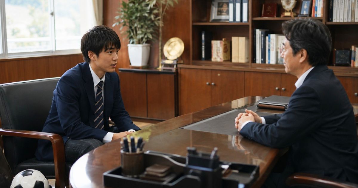 高校の校長室で学校長推薦について校長先生と面談するサッカー部志望の生徒