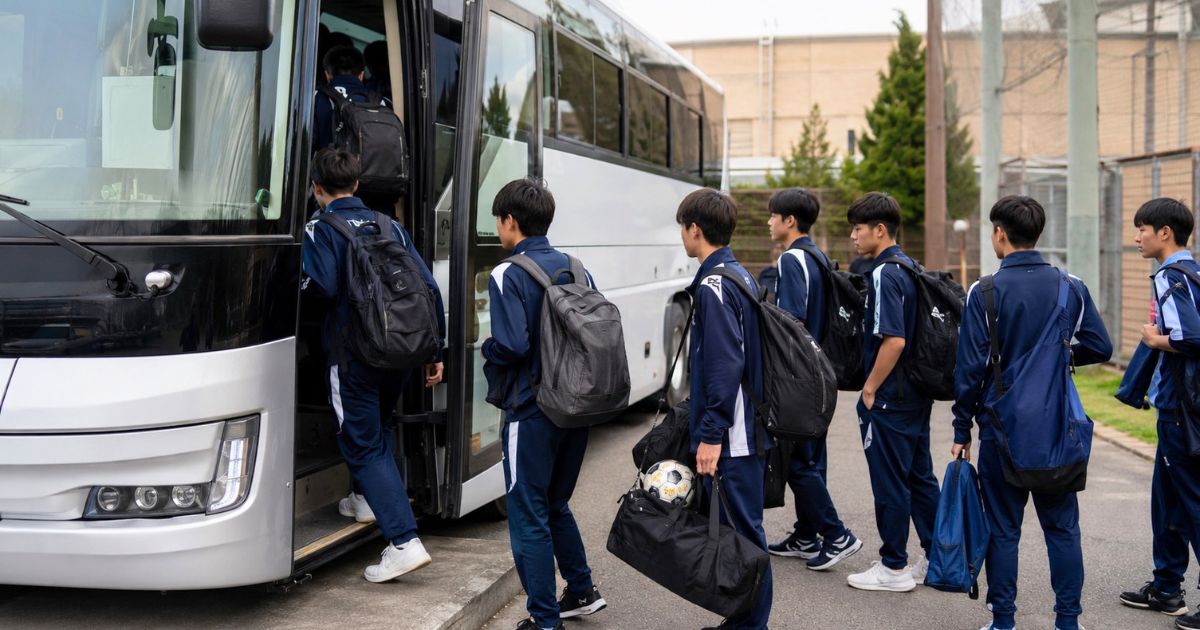 遠征や合宿へ出発するため、荷物を持って貸切バスに乗り込む高校サッカー部員
