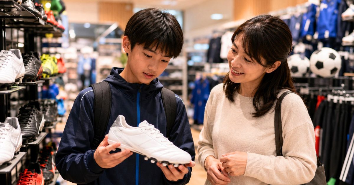 スポーツ用品店で、高校サッカー部への入部を希望する中学生が母親と一緒にスパイクを選ぶ様子