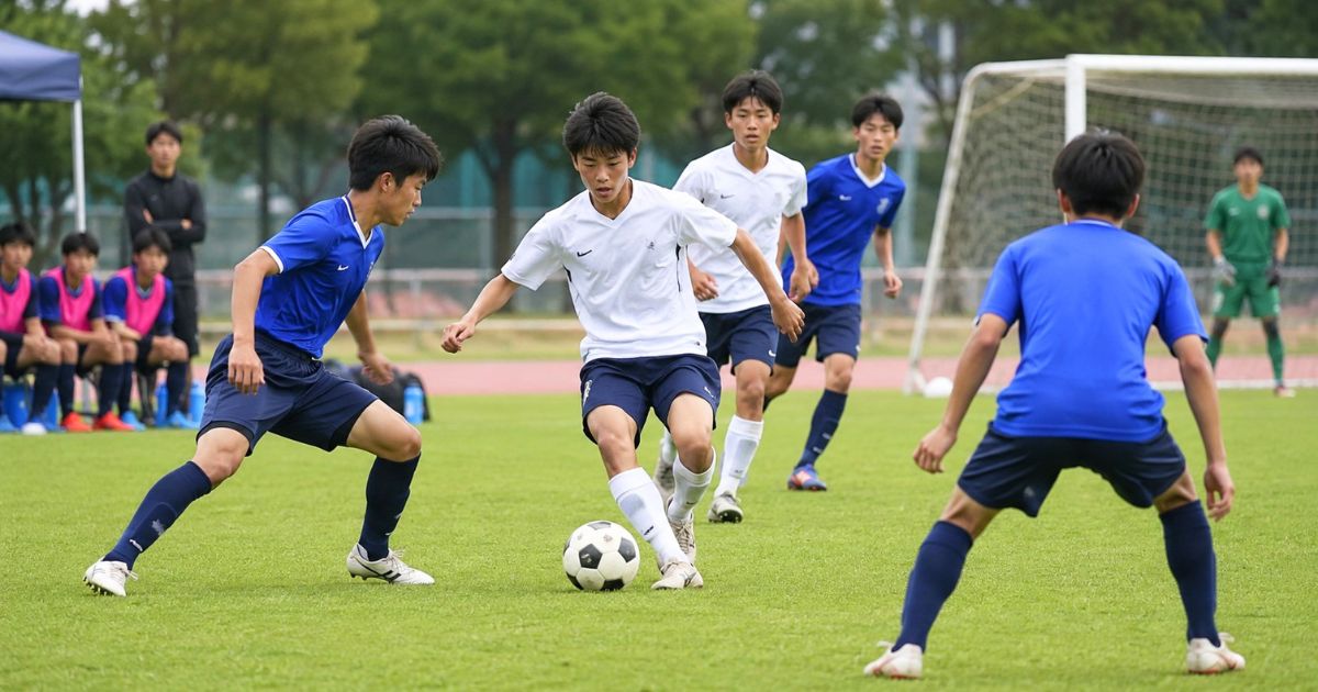 芝生のサッカー場で、高校生年代の選手たちが白と青のユニフォームで対戦している試合風景