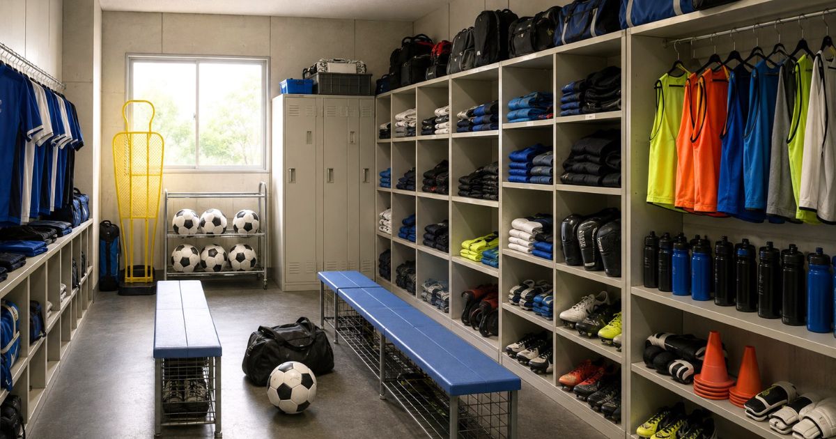 ユニフォーム、スパイク、ボール、バッグなどが整理された高校サッカー部の部室