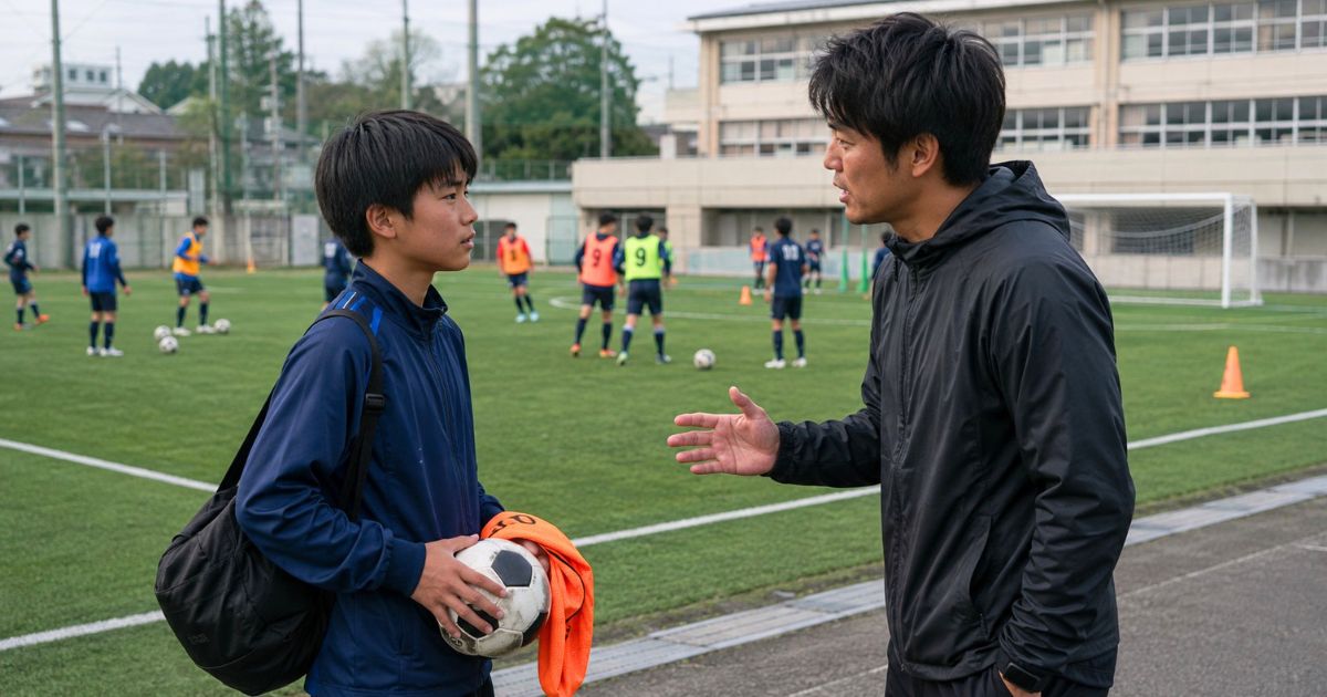 高校サッカー部のグラウンドで、見学に来たコーチが中学生のサッカー部員に声をかけて話している様子