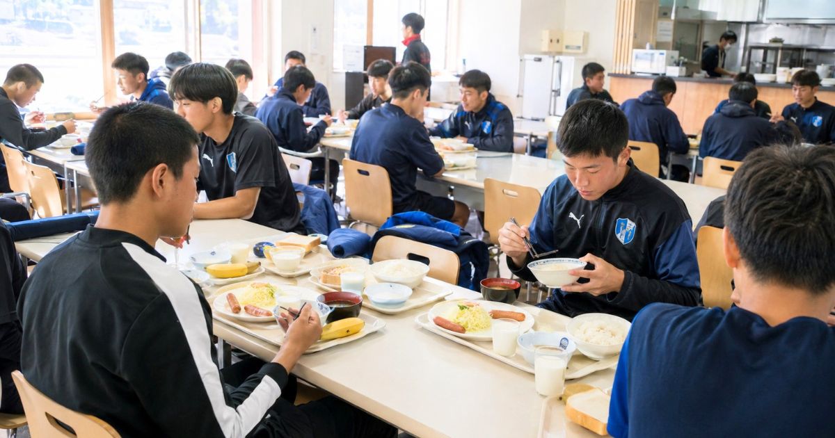 高校サッカー部の寮の食堂で、部員たちが栄養を考えた朝食をとる様子