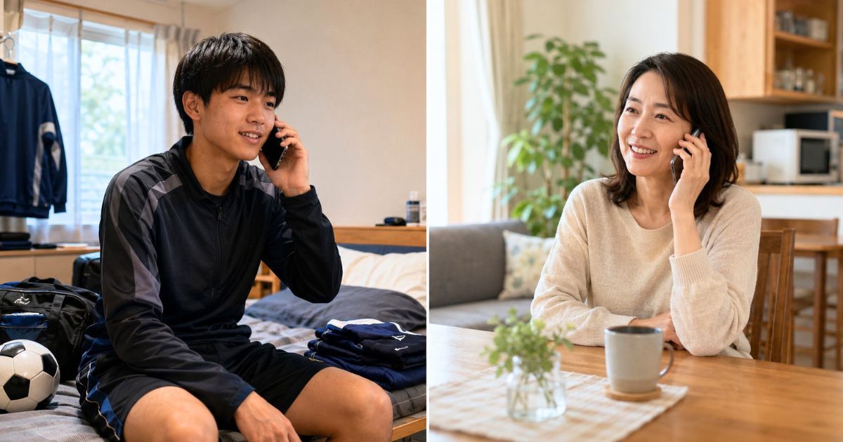 寮で暮らす高校サッカー部員が、離れて暮らす母親と電話で近況を伝え合う様子