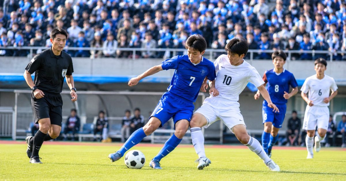 高校サッカーの公式戦で、青の7番と白の10番がボールを競り合い、審判と応援席が見える試合風景
