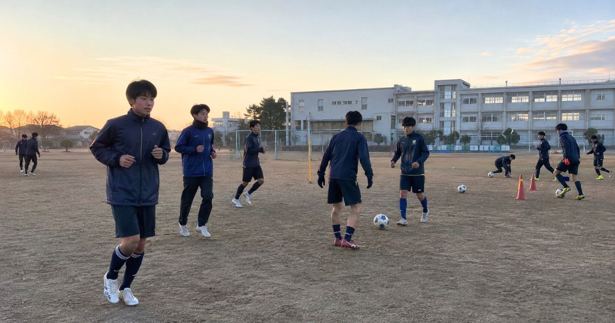 早朝の高校グラウンドで、校舎を背景にランニングやボール練習を行うサッカー部員たち