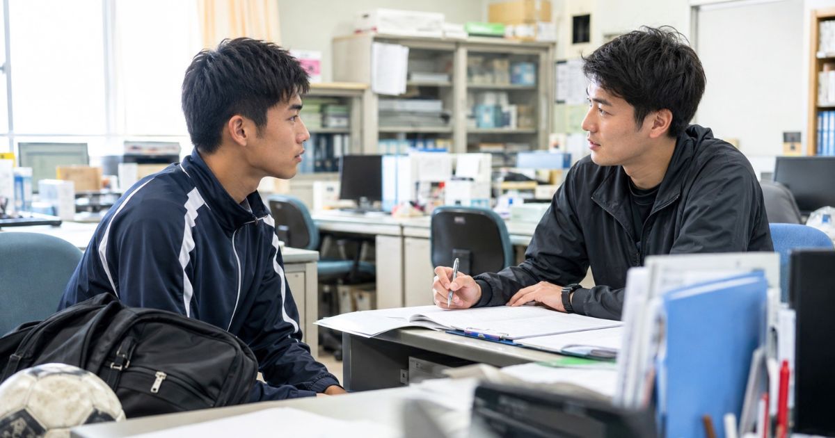 高校の職員室でアスリート特別入試について顧問の先生に相談する高校生サッカー選手