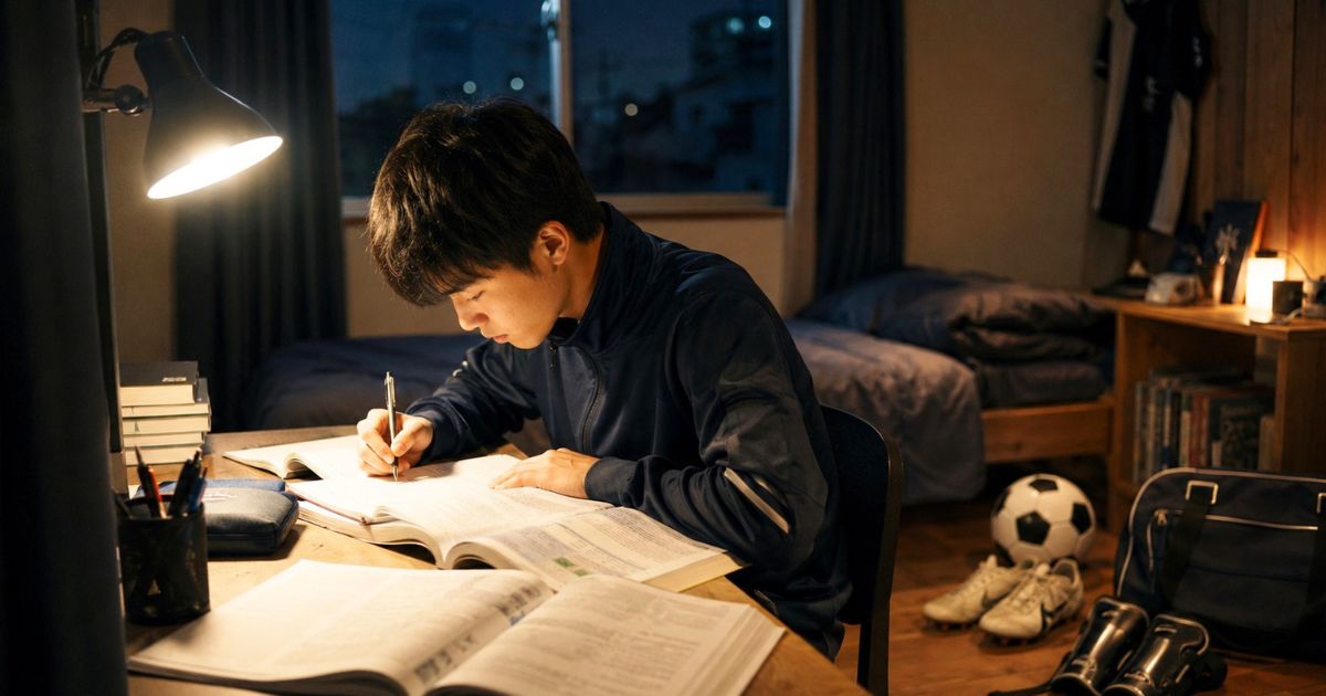 大学サッカー部を目指し夜に自宅で勉強する高校生サッカー選手