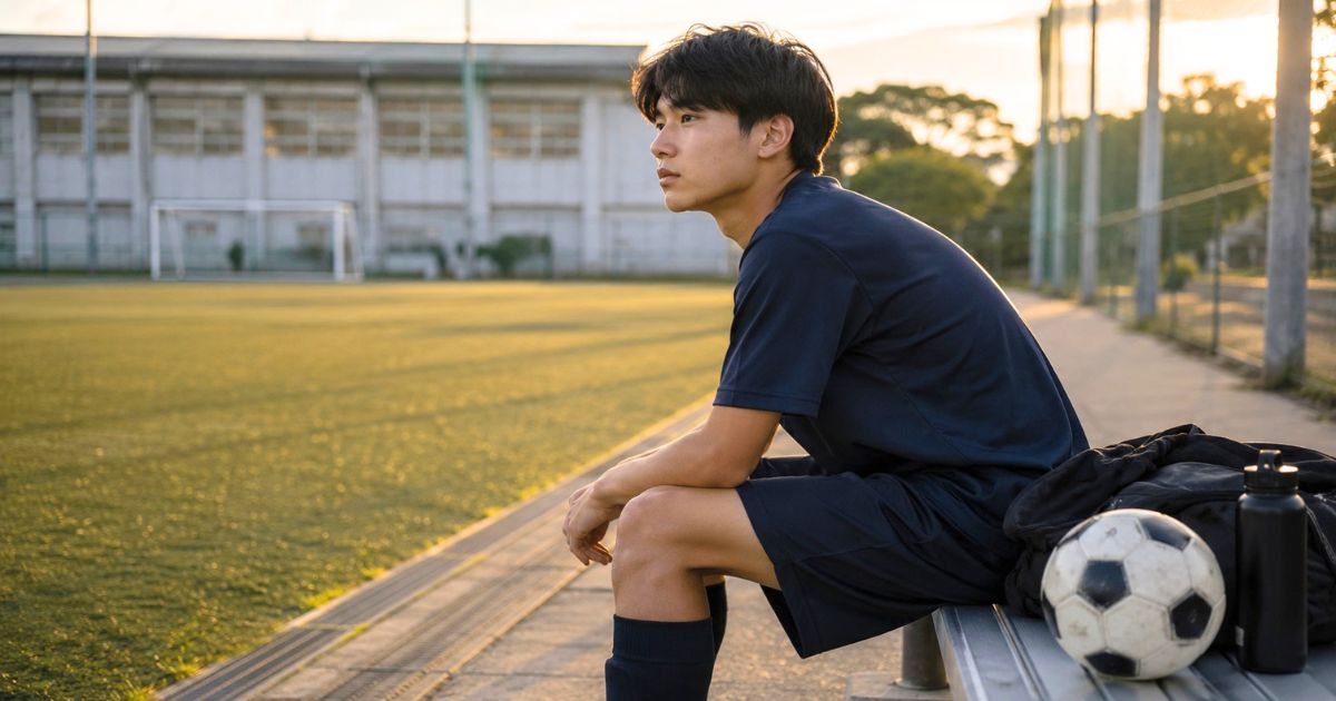 部活の練習後、サッカーボールを横に置いてベンチで進路を考える高校生