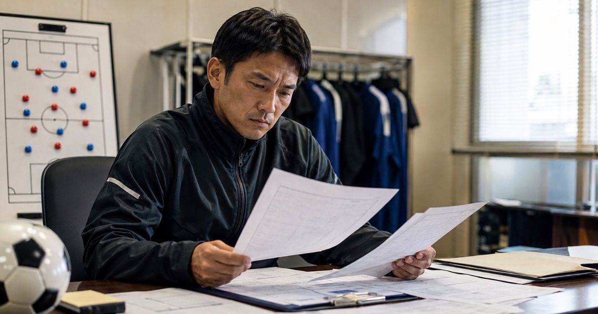高校サッカー部の監督が、推薦候補選手の評価書類に目を通して選考している様子