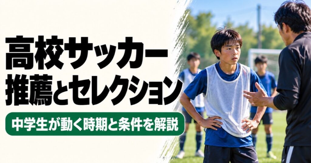 高校サッカーの推薦とセレクションを解説するアイキャッチ画像。屋外のサッカーグラウンドで、青いユニフォームと白いビブスを着た中学生選手が指導者の説明を聞く様子。推薦・セレクションに向けて動く時期や条件を紹介。