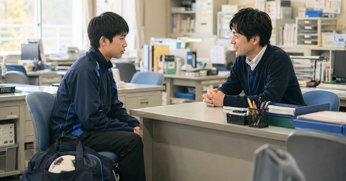 中学校の職員室で、高校サッカー部への進学を希望する中学生が若い顧問に奨学金や補助制度について相談する様子