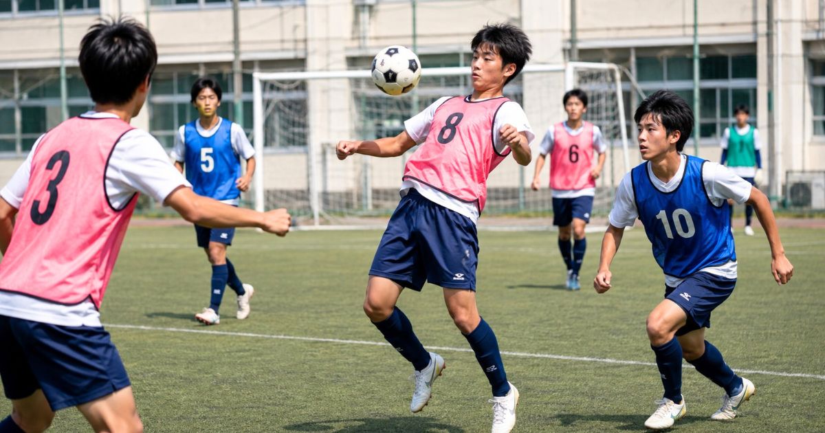 高校サッカー部のセレクションで、ビブスを着た選手が浮き球を胸トラップするミニゲームの様子