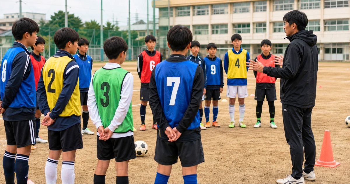 高校サッカー部のセレクションで、ビブスを着た中学生がコーチの説明を聞いている様子
