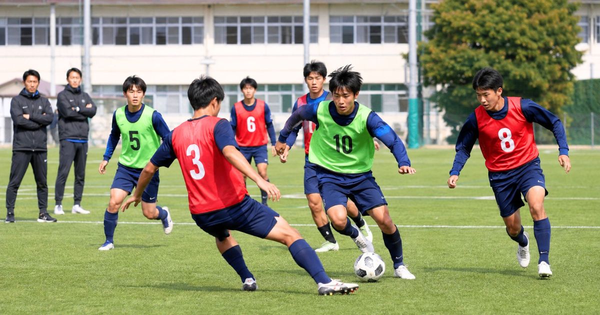 高校サッカー部のセレクションで、ビブスを着た中学生選手たちがミニゲーム形式でプレーしている様子