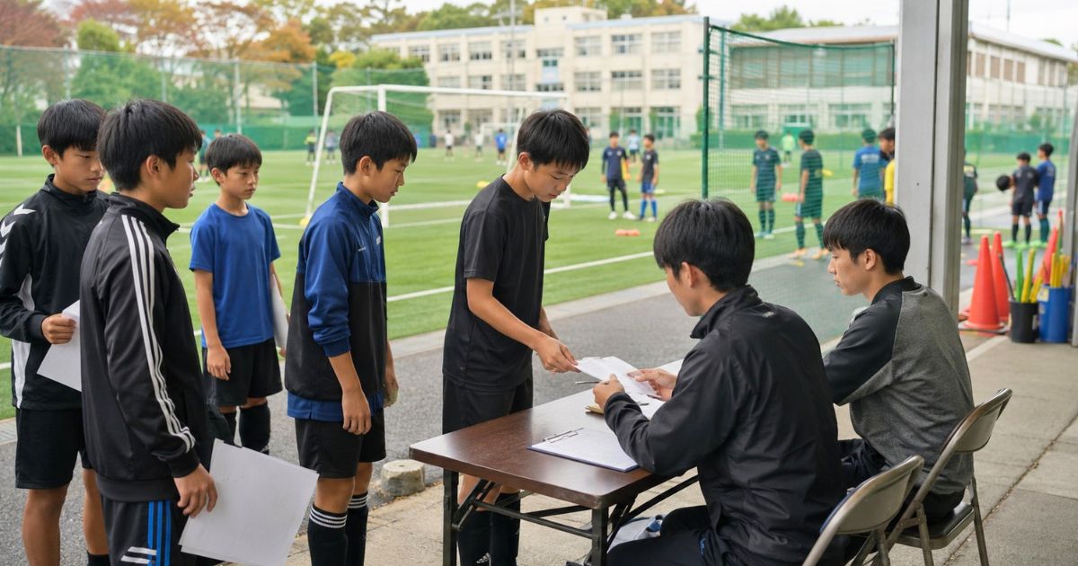 高校サッカー部のグラウンドで、中学生の参加者がセレクション受付で書類を提出している様子