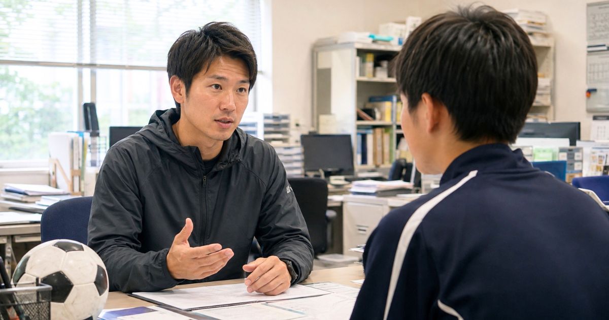 高校の職員室でサッカー部顧問とスポーツ推薦について相談する入部希望の高校生