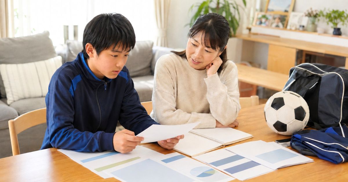 自宅のリビングで高校サッカーの費用資料を見ながら、母親と中学生の男子選手が入部後の費用について話し合う様子