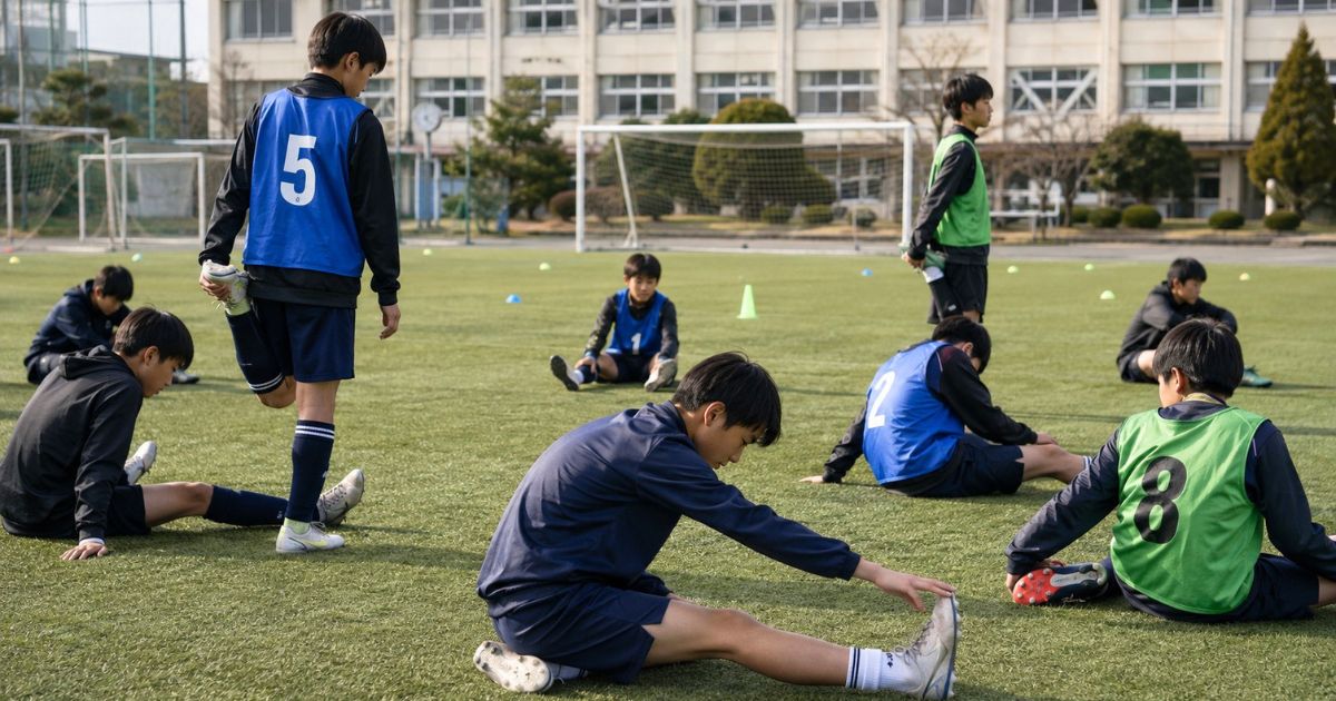 高校サッカー部の練習会前に、グラウンドでリラックスしてストレッチする中学生の参加者