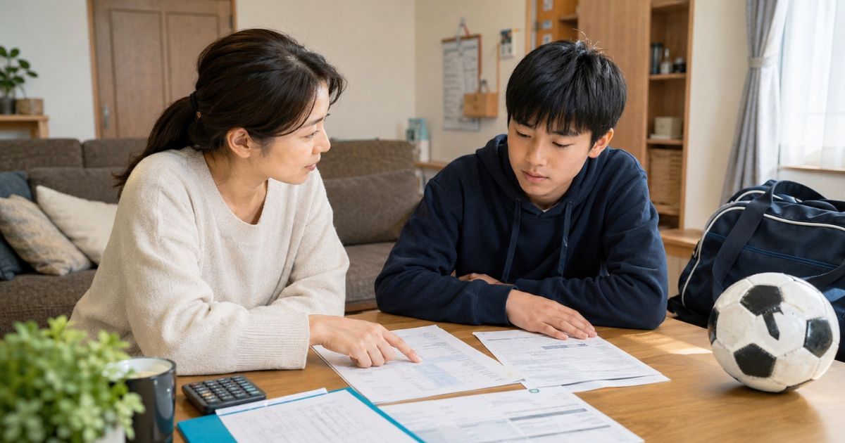 自宅のリビングで、高校サッカー部の学費や特待制度の資料を母親と確認する中学生