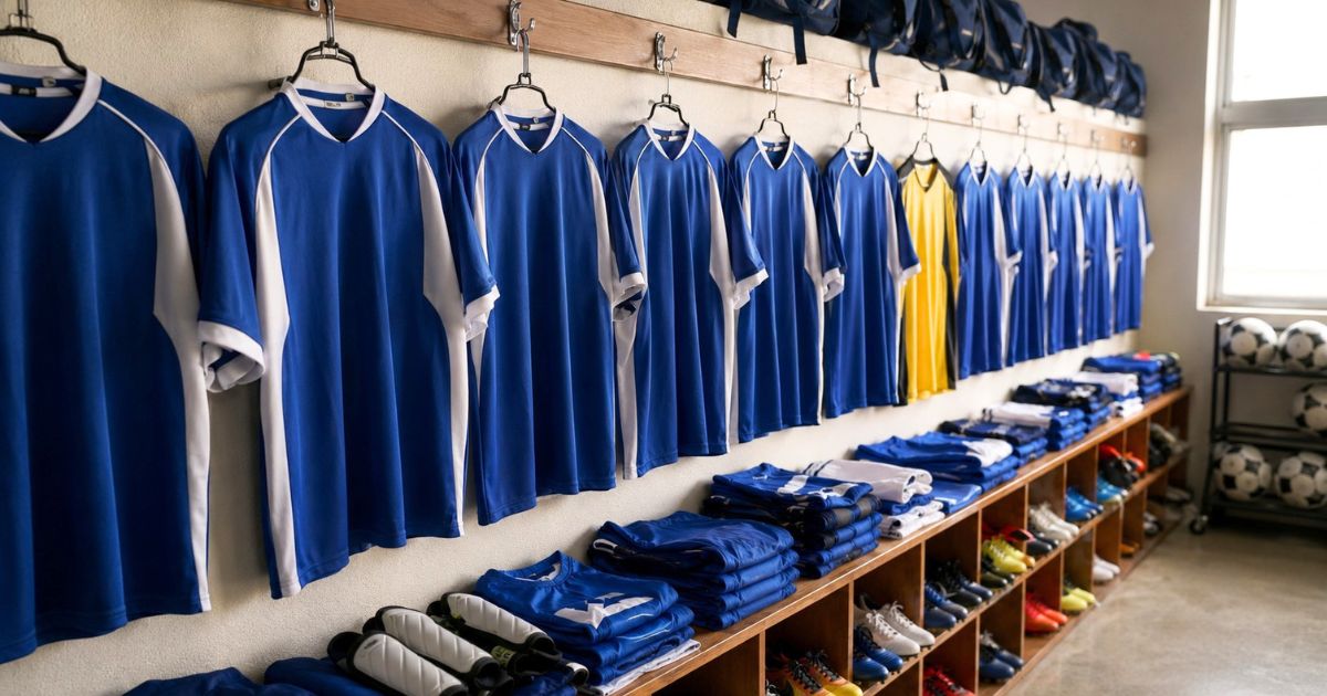 高校サッカー部の部室に並べて掛けられたユニフォームと、整理されたスパイクやボールなどの指定用品