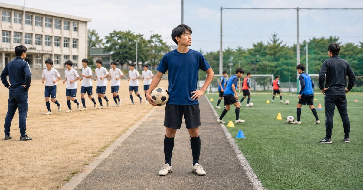 高校サッカー部の土の校庭とクラブユースの人工芝グラウンドの間で、進路を考える高校生サッカー選手