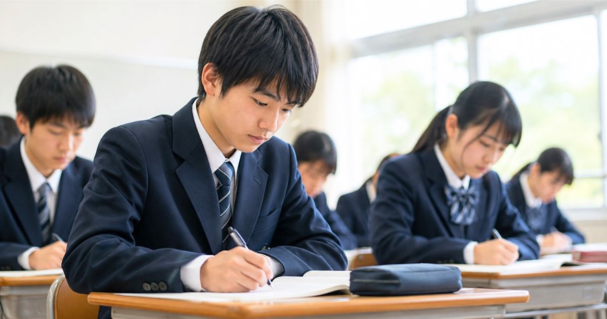 教室でノートを取りながら真剣に授業を受ける制服姿の高校生たち
