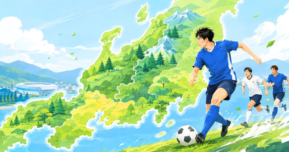 北信越・東海エリアの地図を背景に、大学サッカー選手がプレーしているイメージ