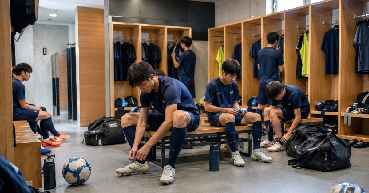 Jクラブユースのロッカールームで、練習前にスパイクや用具を準備する高校生年代の選手たち