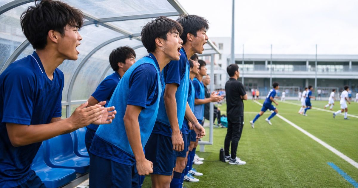 Jクラブユースの試合で、ベンチから声援を送りながら仲間のプレーを見守る控え選手たち
