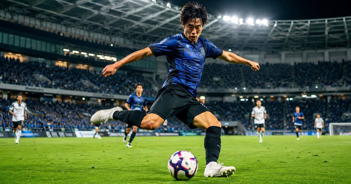 満員のスタジアムで、ゴールを狙ってシュートを放つJリーグの日本人サッカー選手