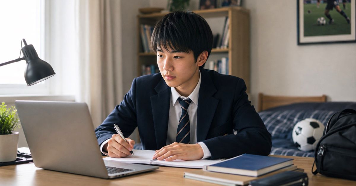 自宅の部屋でパソコンを使いサッカー部入部前の情報を確認する日本人高校生
