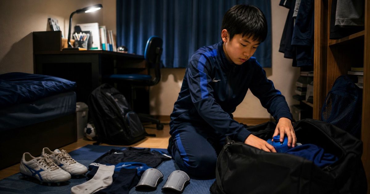 高校サッカーの合同セレクション前日に、自宅でスパイクやすね当てをバッグへ準備する中学生