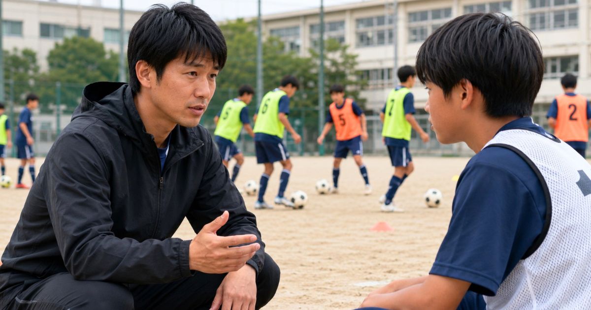 中学校のサッカー部練習中に、若い顧問の先生から高校進学について話を聞く中学三年生の部員