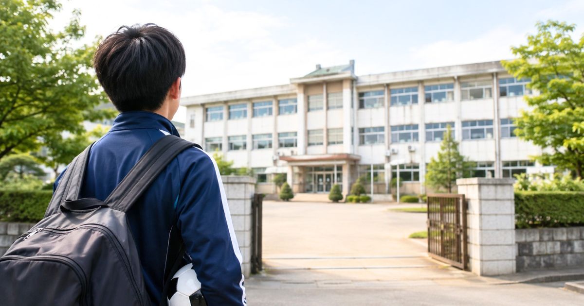 希望する高校の校舎を見つめ、サッカー部入部後の活躍を思い描く中学生の後ろ姿