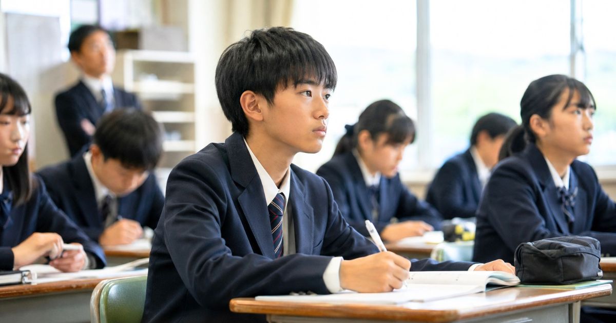 中学校の教室で、高校サッカー推薦を見据えて真剣に授業を受けるサッカー部員