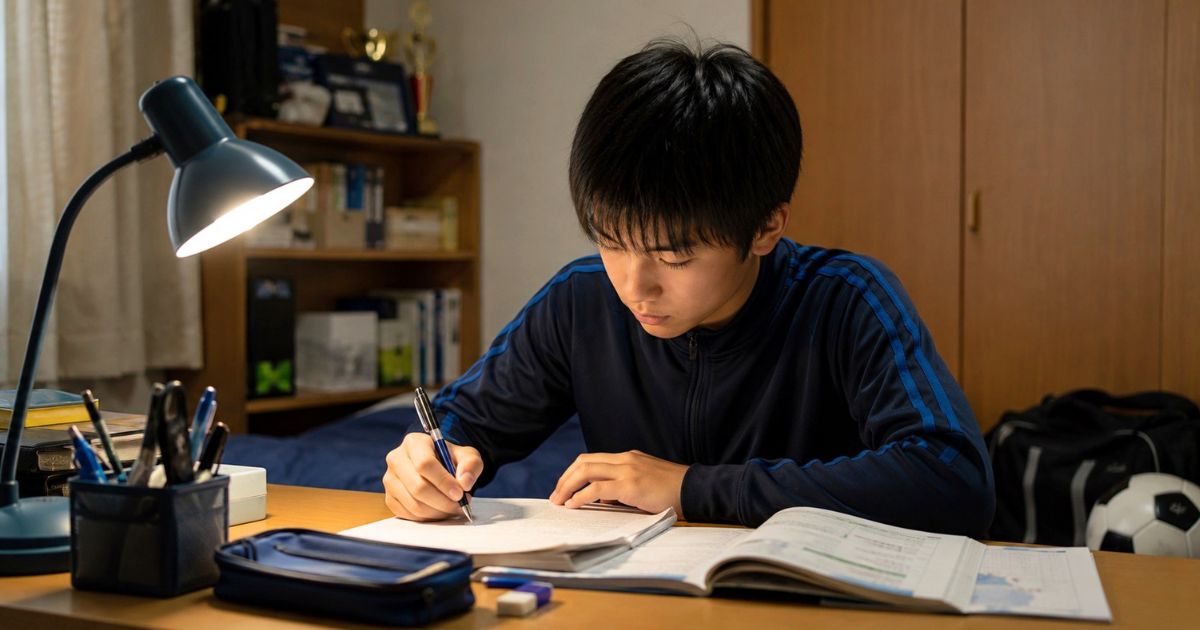 高校サッカー部への進学を目指し、自宅の机で勉強する中学生のサッカー部員