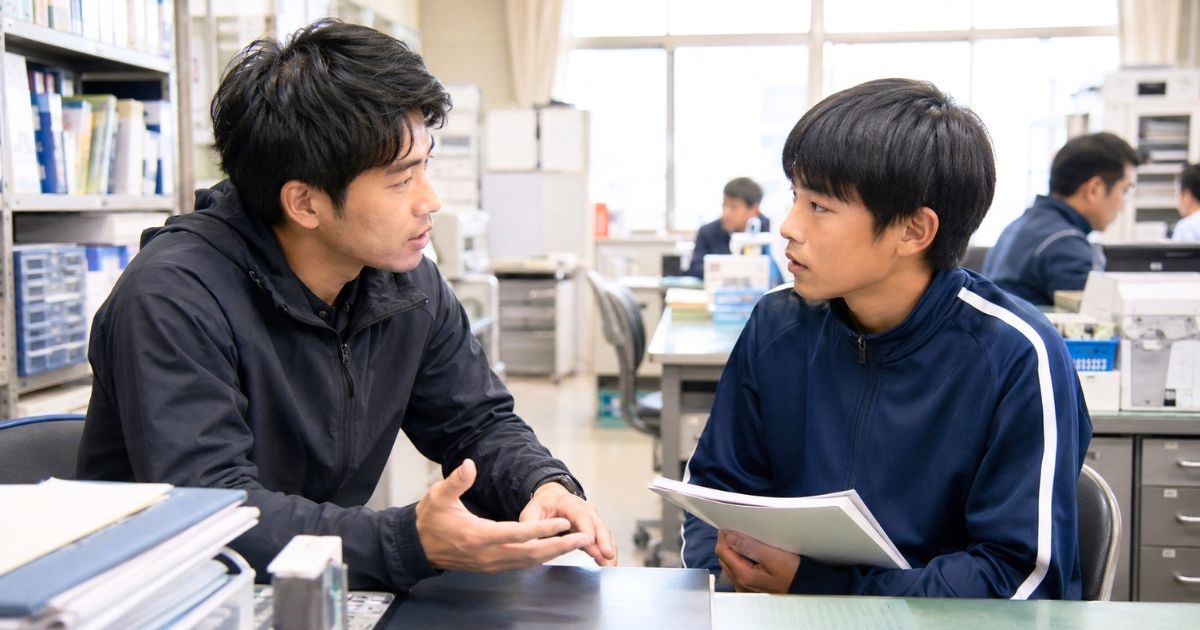 中学校の職員室で、若い顧問の先生がサッカー推薦について中学生のサッカー部員に説明している様子
