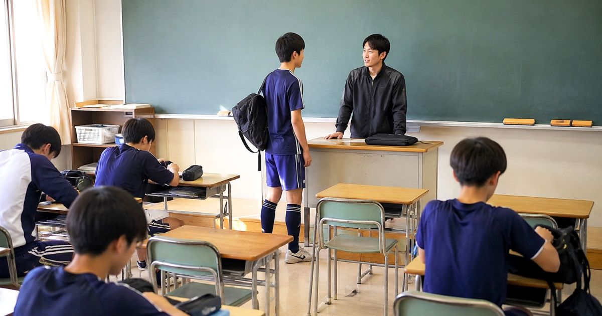 中学校の教室で、授業後に高校サッカー推薦について若い先生と話すサッカー部員