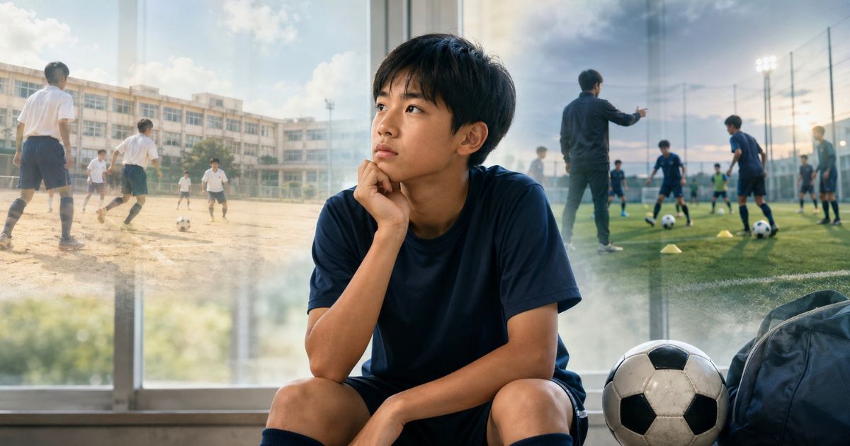 高校サッカー部とクラブユースの練習環境を思い浮かべながら、自分に合う進路を考える中学生サッカー選手