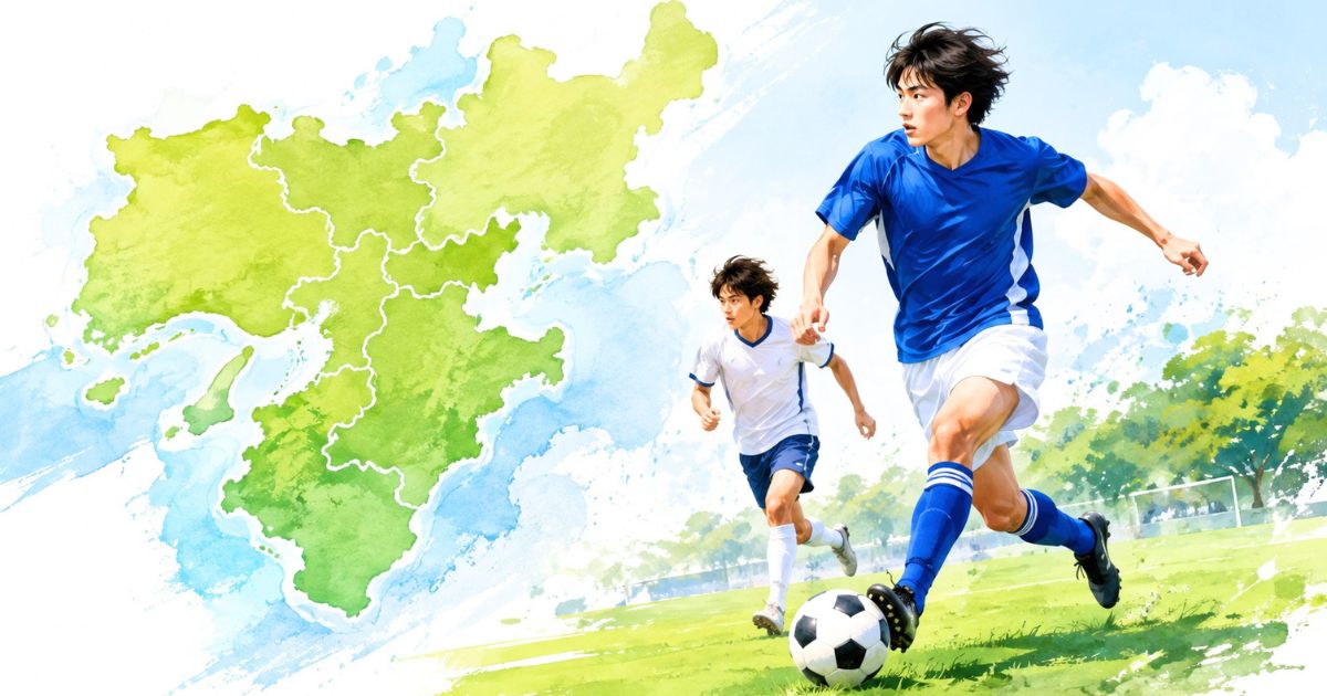 関西エリアの地図を背景に、大学サッカー選手がプレーしているイメージ