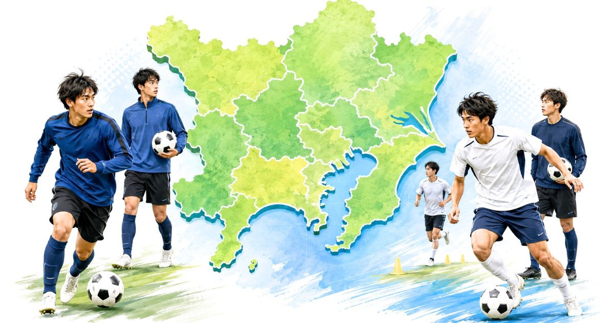 関東エリアの地図を背景に、大学サッカー選手が練習やプレーをしているイメージ