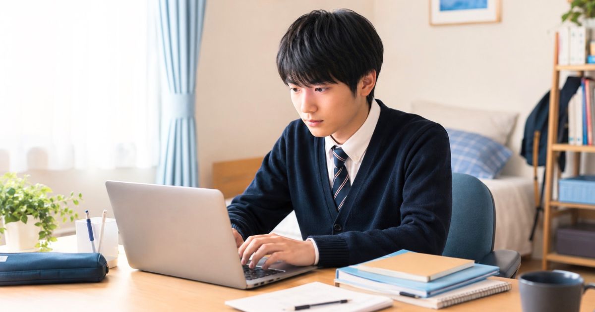 国士舘大学の鶴川合宿寮への入寮申込をイメージし、自宅のパソコンでWEB手続きをする高校生