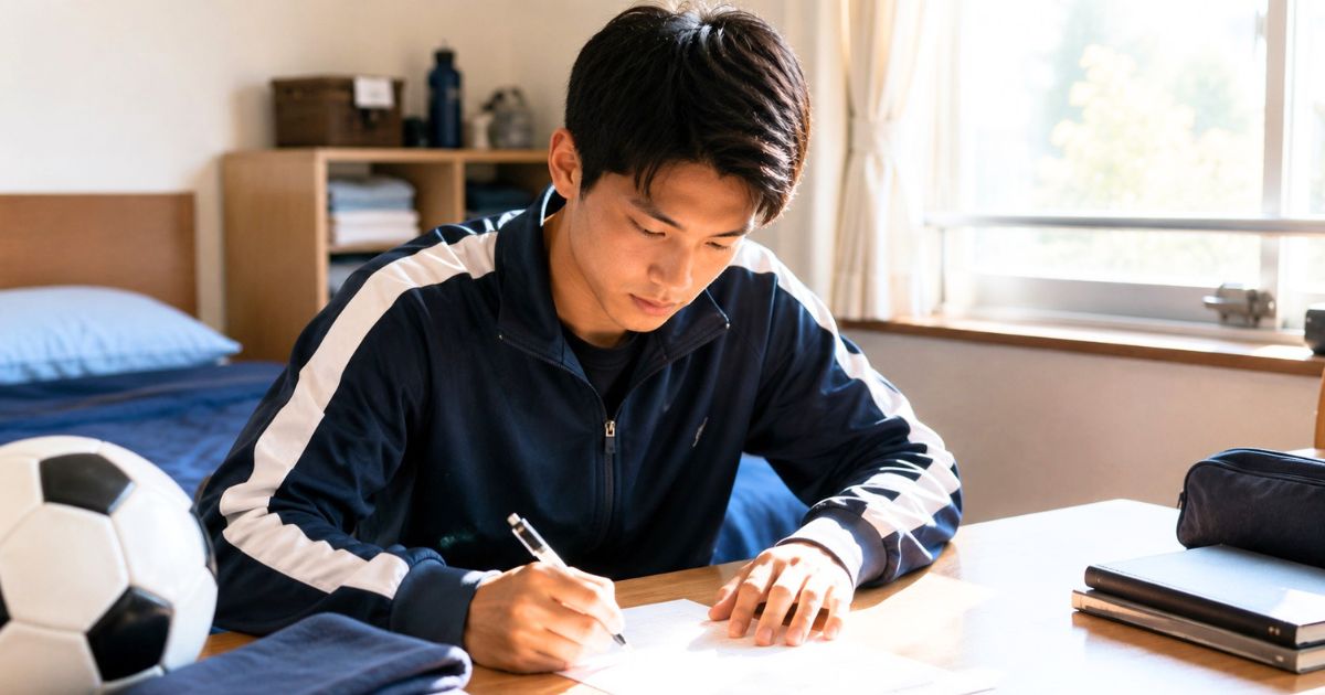 国士舘大学サッカー部の入寮手続きをイメージした、申込書を記入する学生